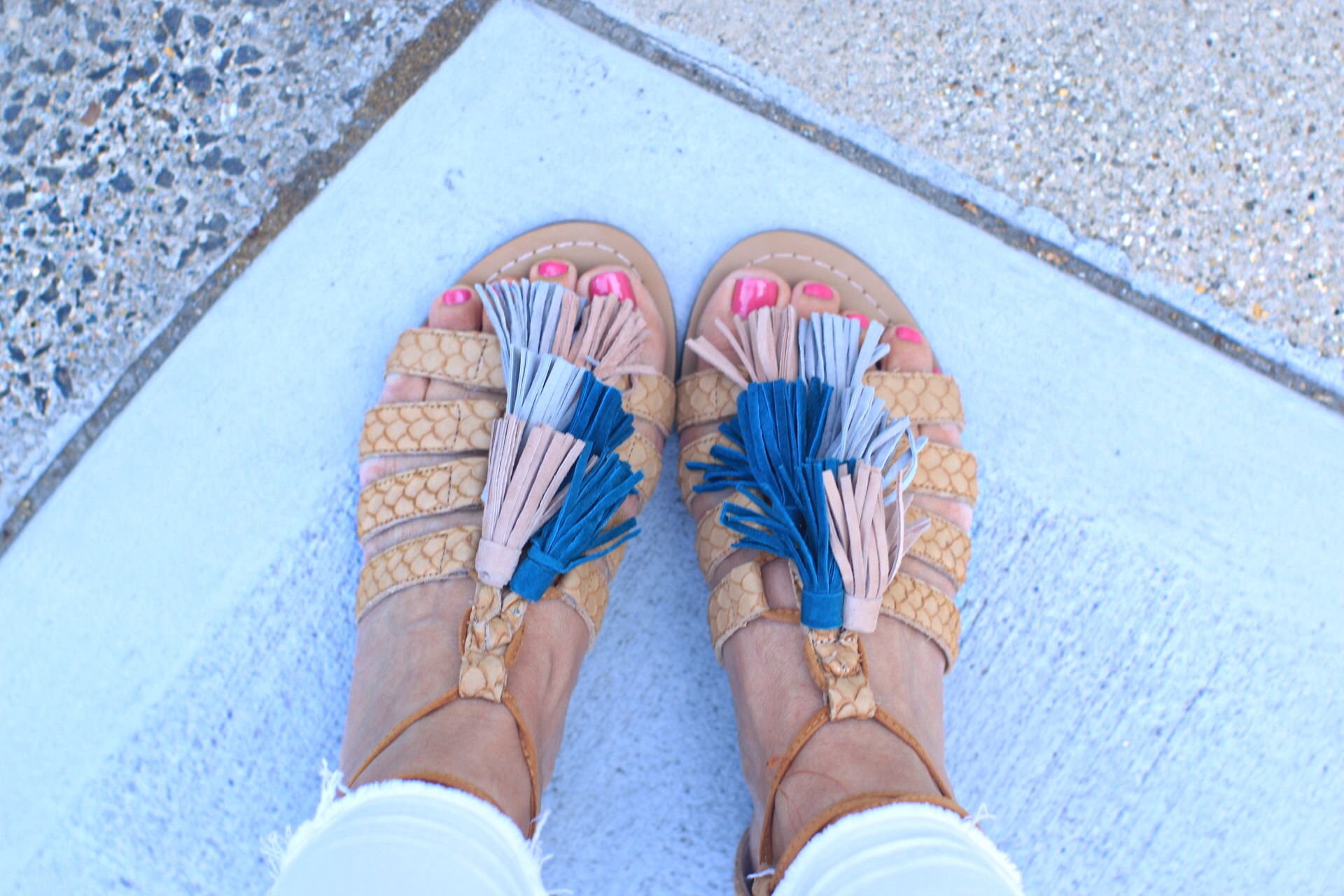 Jenna Crandall from Lunchpails and Lipstick in Sam Edelman fringe sandals