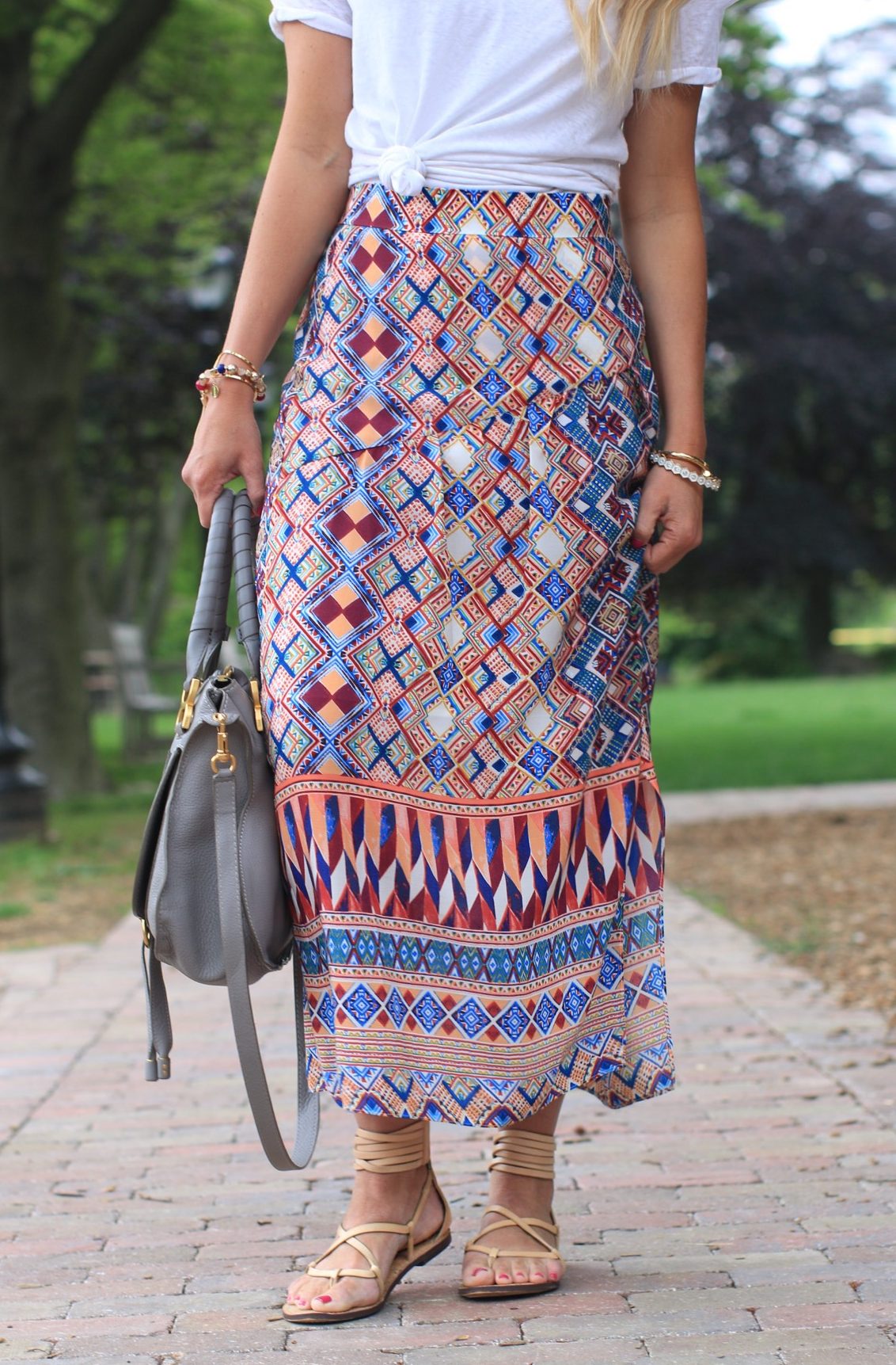 Jenna Crandall of Lunchpails and Lipstick in Anthropologie wrap skirt and Chloe handbag
