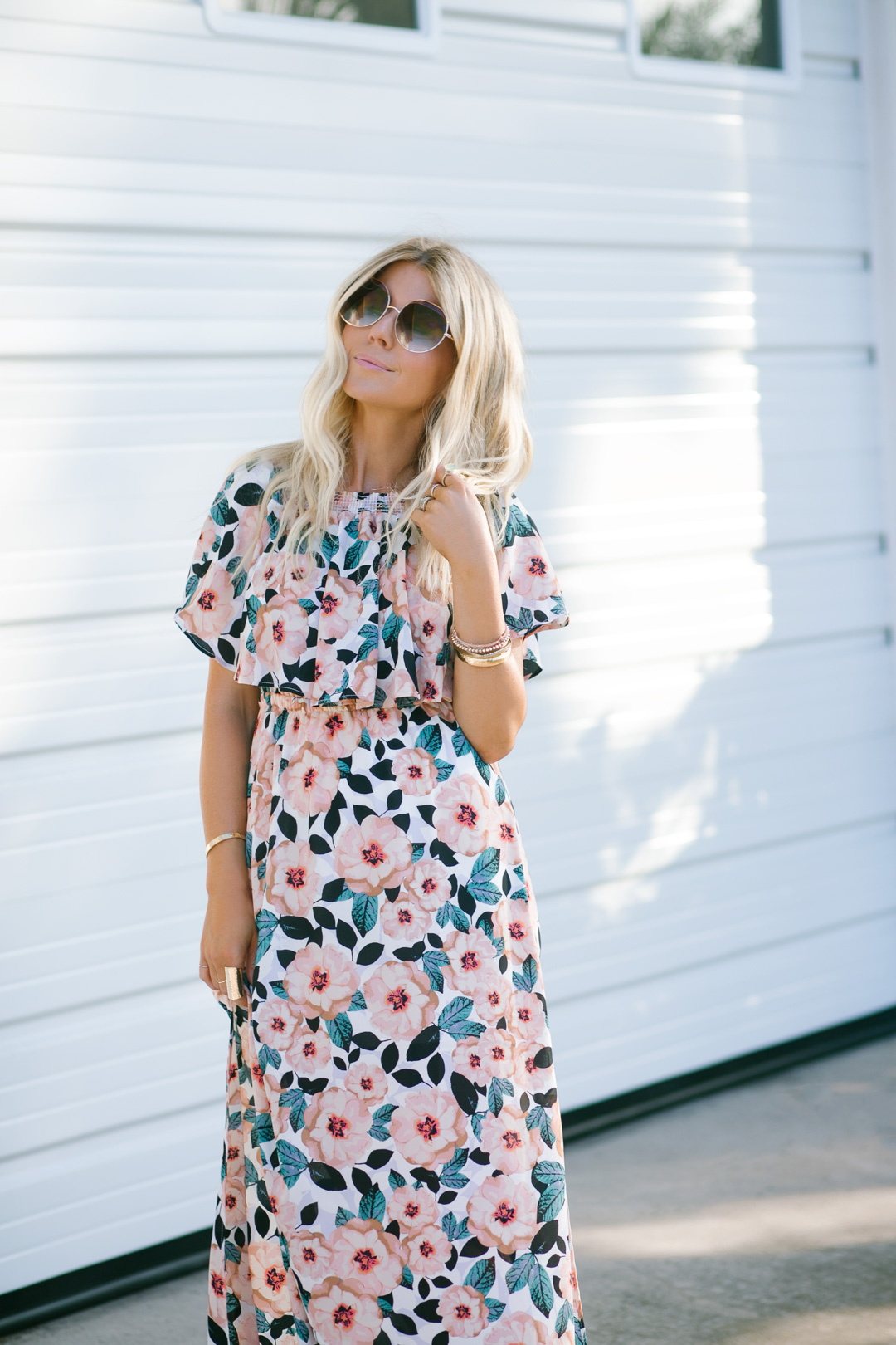 Lisa Allen of Lunchpails and Lipstick wearing a floral maxi dress by Show me your mumu and prada platforms in Encinitas, CA 
