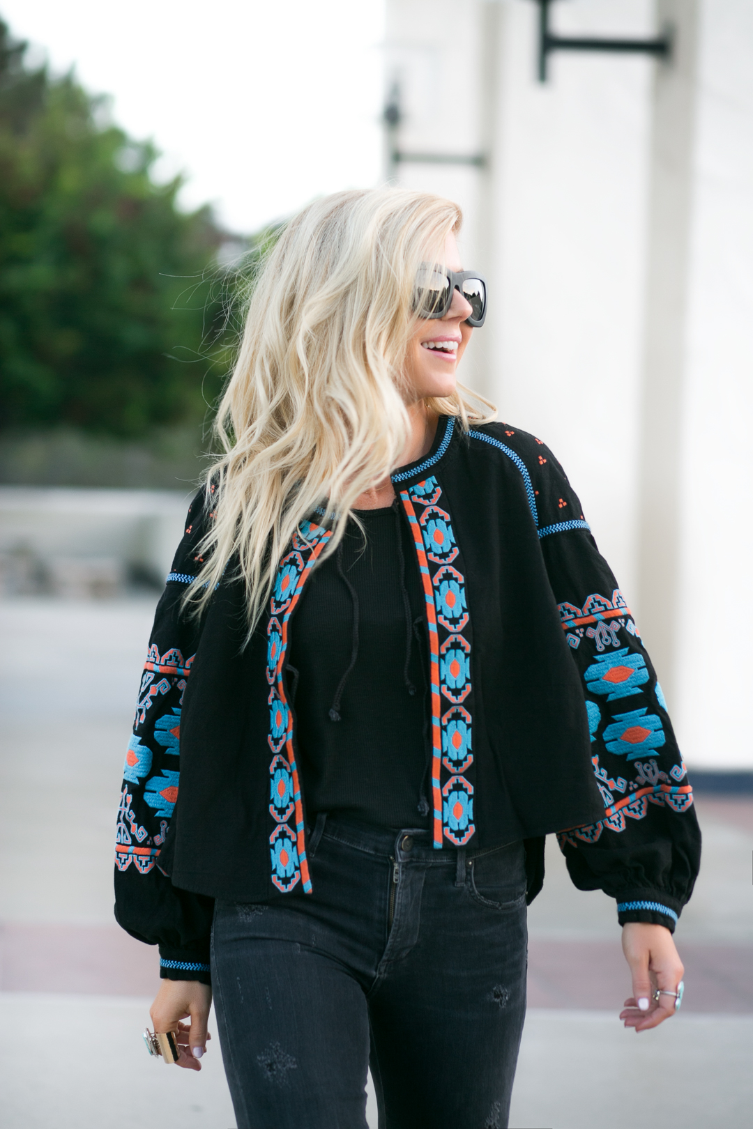 lisa allen of lunchpails and lipstick wearing a Free People embroidered swing jacket with valleywear and chloe booties