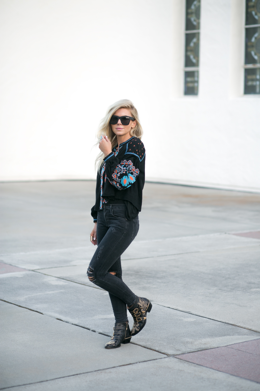 lisa allen of lunchpails and lipstick wearing a Free People embroidered swing jacket with valleywear and chloe booties 