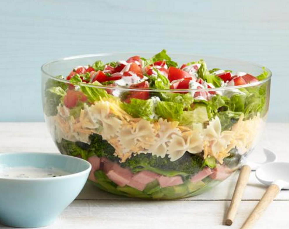 7 layer pasta dish with avocado, pasta, cheese great dish for BBQ's Lunchpails and Lipstick