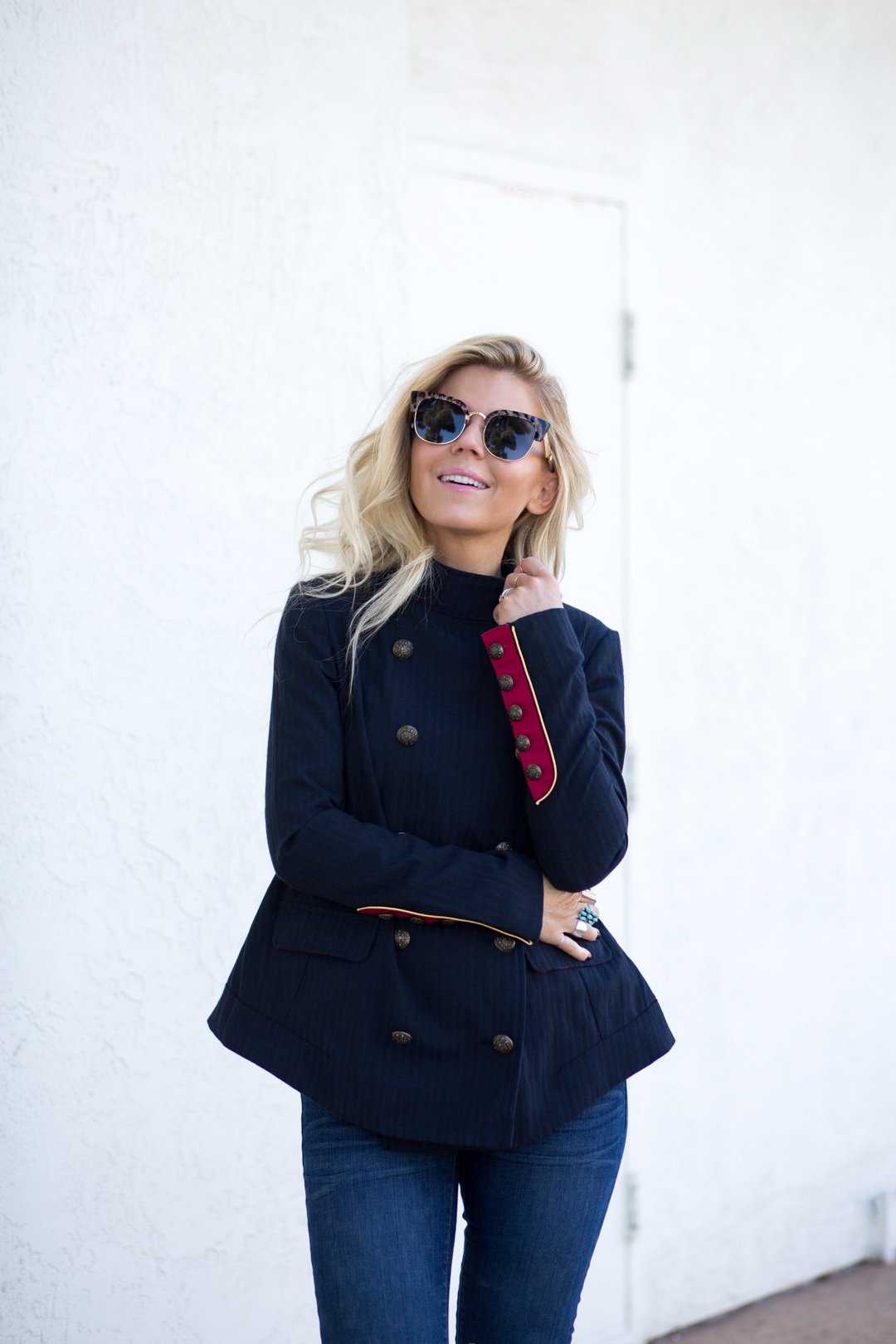 Lisa Allen of LunchPails and Lipstick wearing a Free People army jacket jacket with dior sunglasses and marc fisher booties 