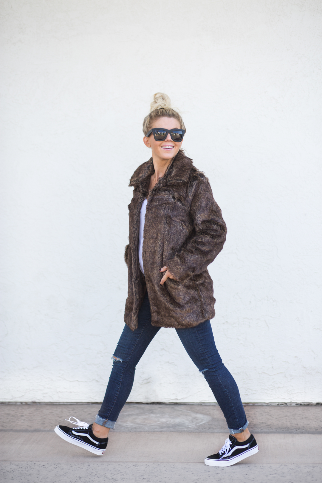 Lisa Allen of LunchPails and Lipstick wearing a faux fur from Amuse Society 